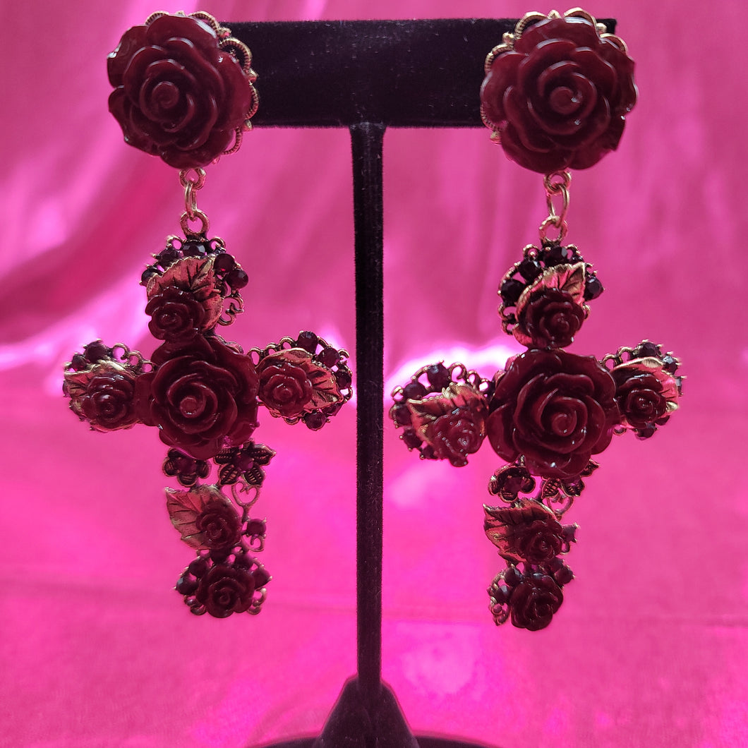 Large Gold & Rose Cross Earrings