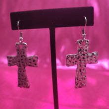 Load image into Gallery viewer, Silver Beaten Metal Cross Earrings
