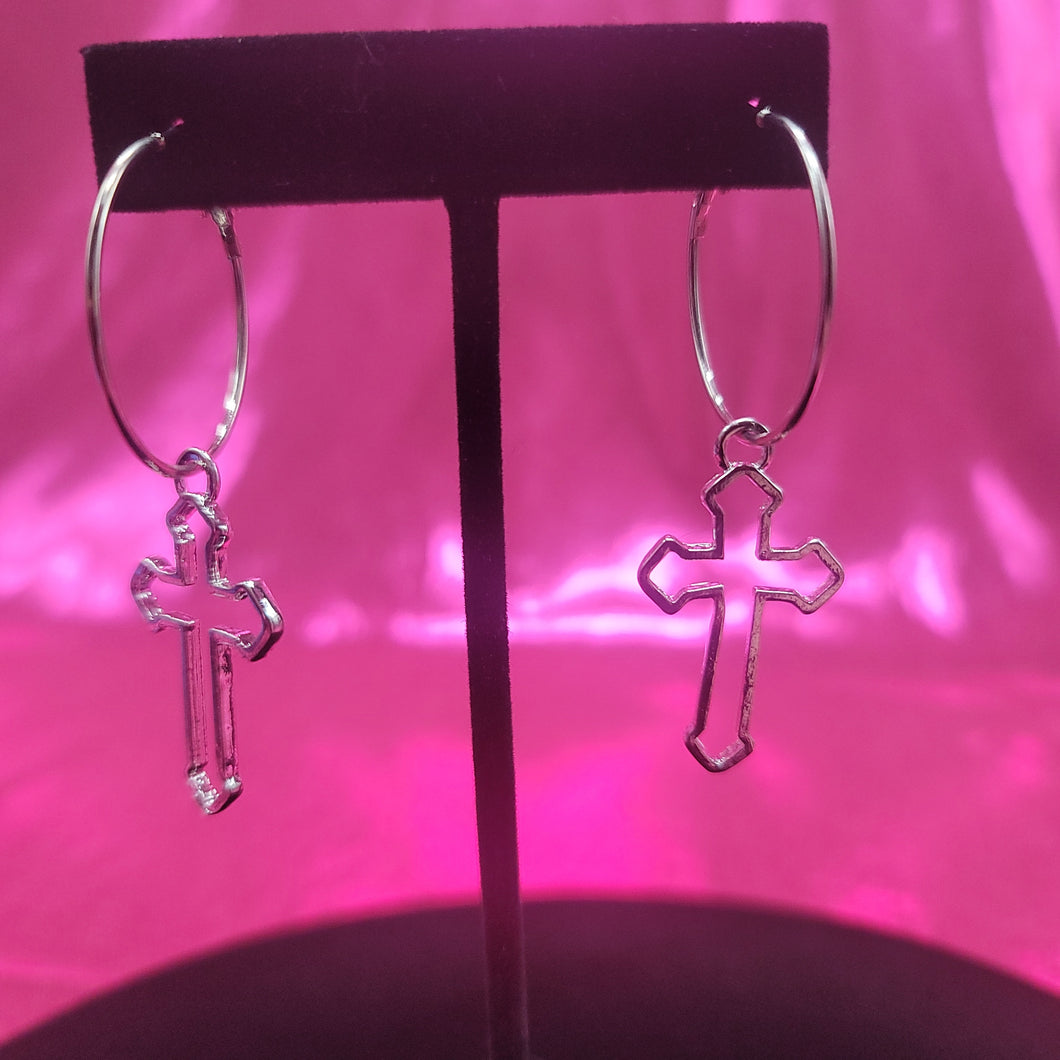Silver Hoops with Cross Cutout