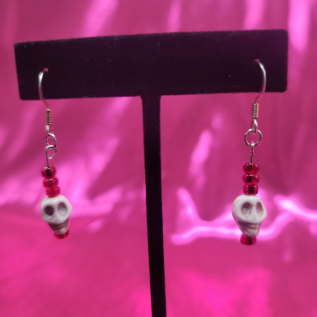 Red Beaded Handmade Skull Earrings