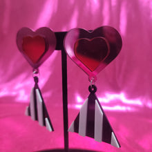 Load image into Gallery viewer, Red &amp; Pink Heart with Striped Triangle Earrings
