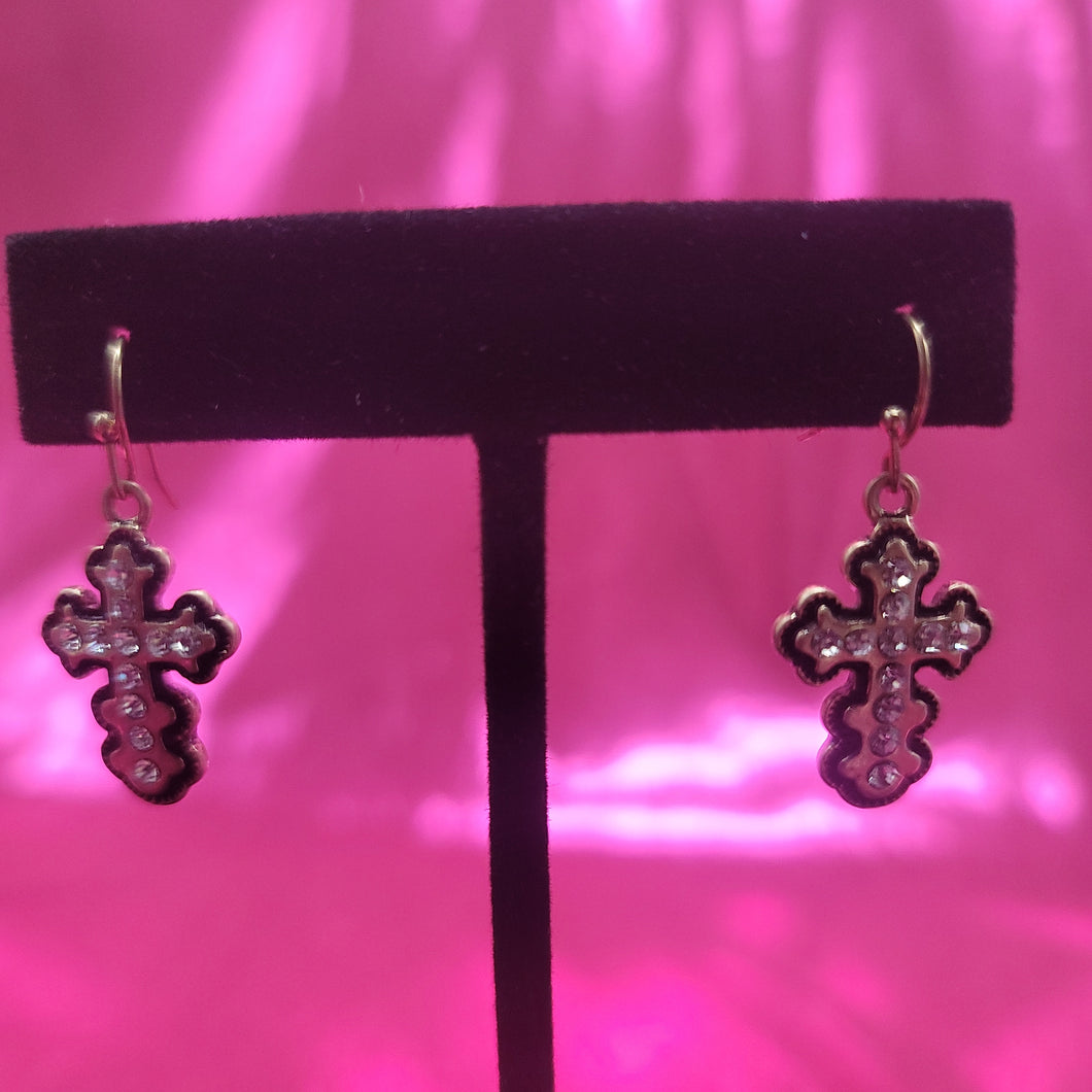Gold Raised Jeweled Cross Earrings