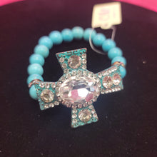 Load image into Gallery viewer, Turquoise Sparkly Cross Stretch Bracelet
