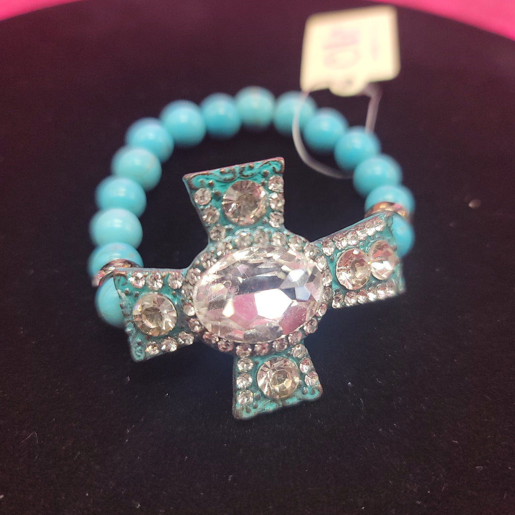Turquoise Sparkly Cross Stretch Bracelet