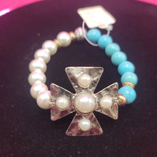Load image into Gallery viewer, Turquoise and Pearl Bracelet with Metal Cross
