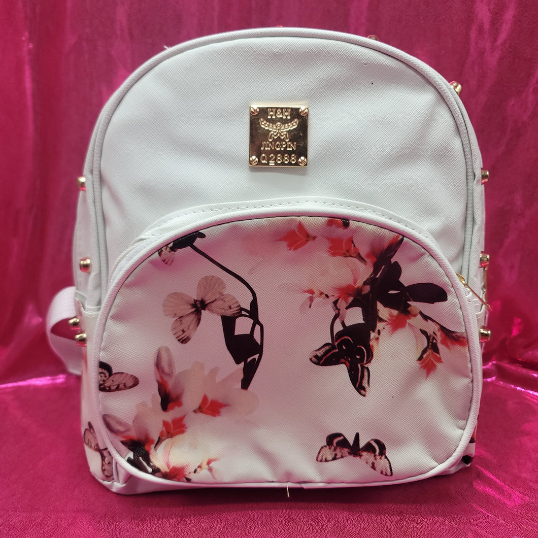 White Studded Backpack with Butterflies