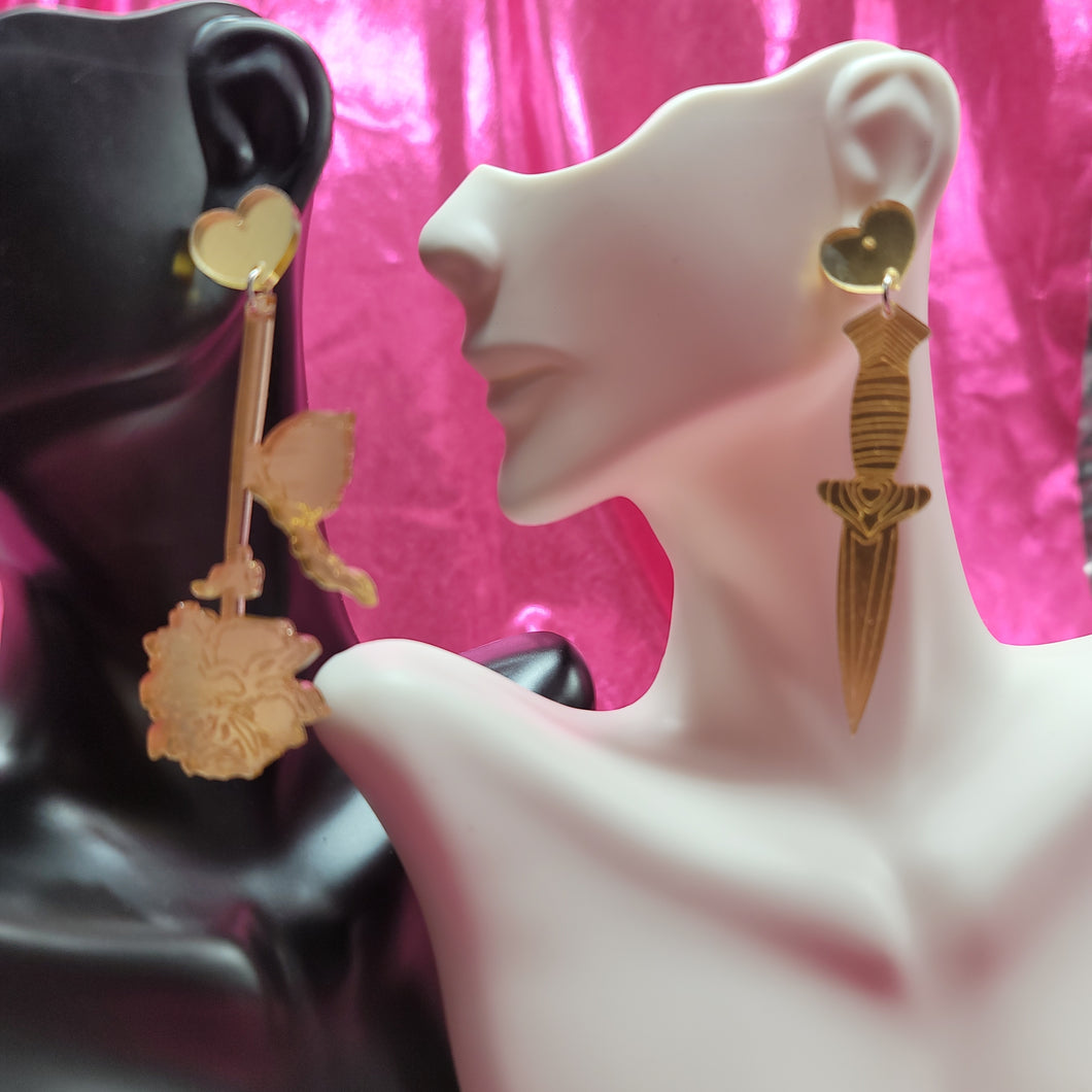 Mismatched Dagger & Rose Earrings
