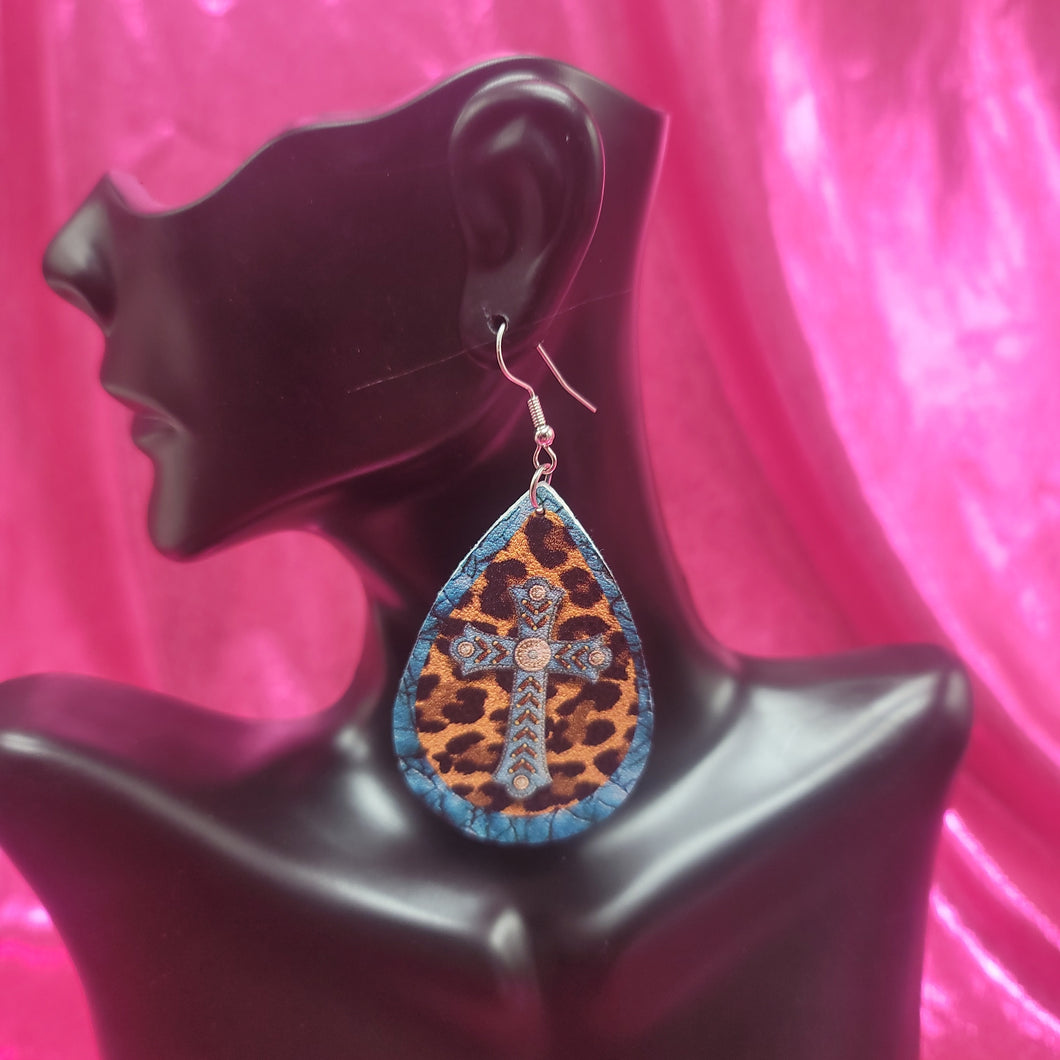 Turquoise Leopard Cross Earrings
