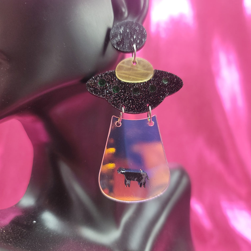 Sparkly UFO Cow Abduction Earrings