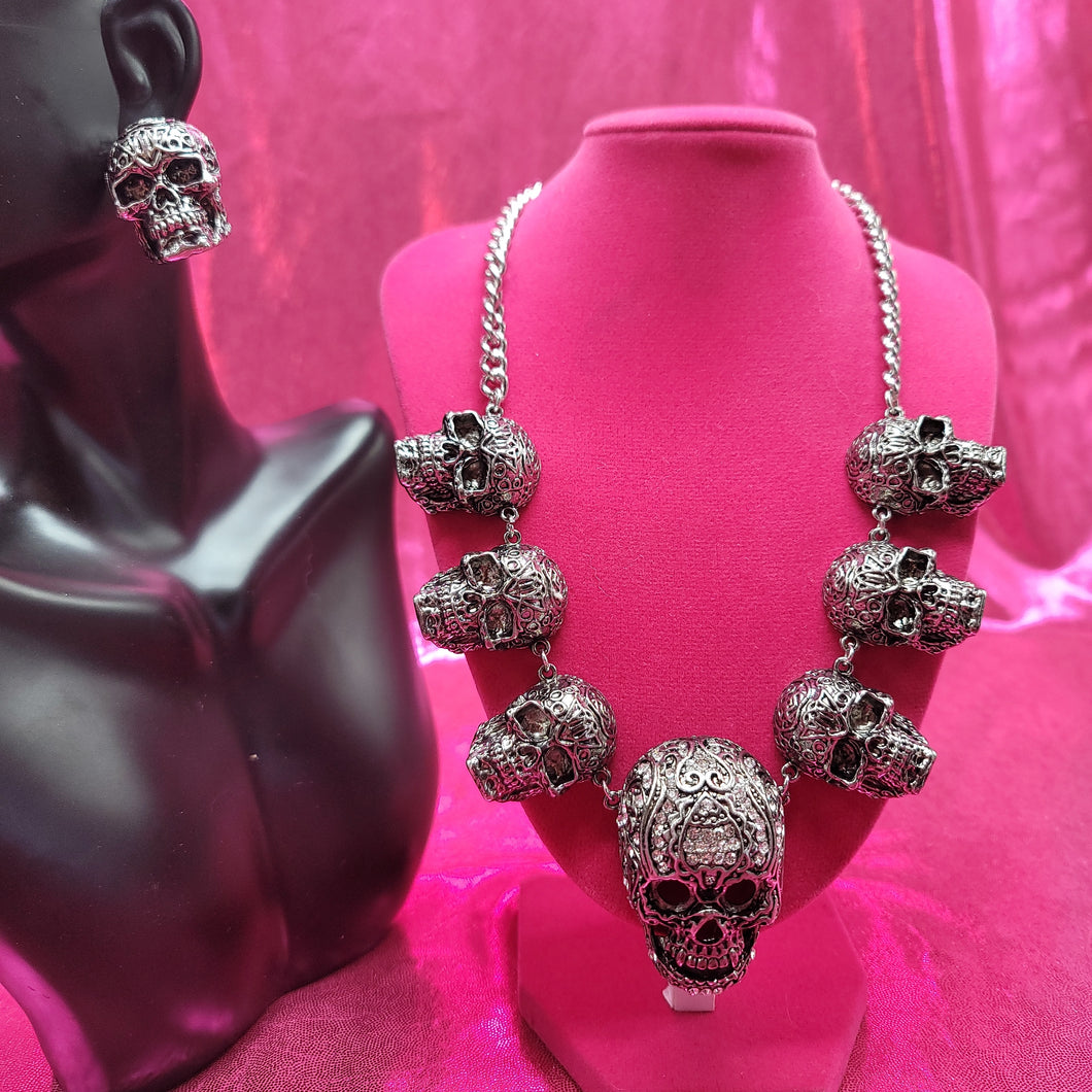 Etched and Jeweled Skull Necklace & Earring Set