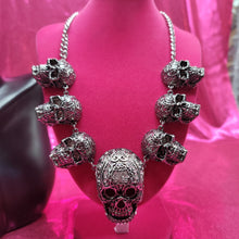 Load image into Gallery viewer, Etched and Jeweled Skull Necklace &amp; Earring Set
